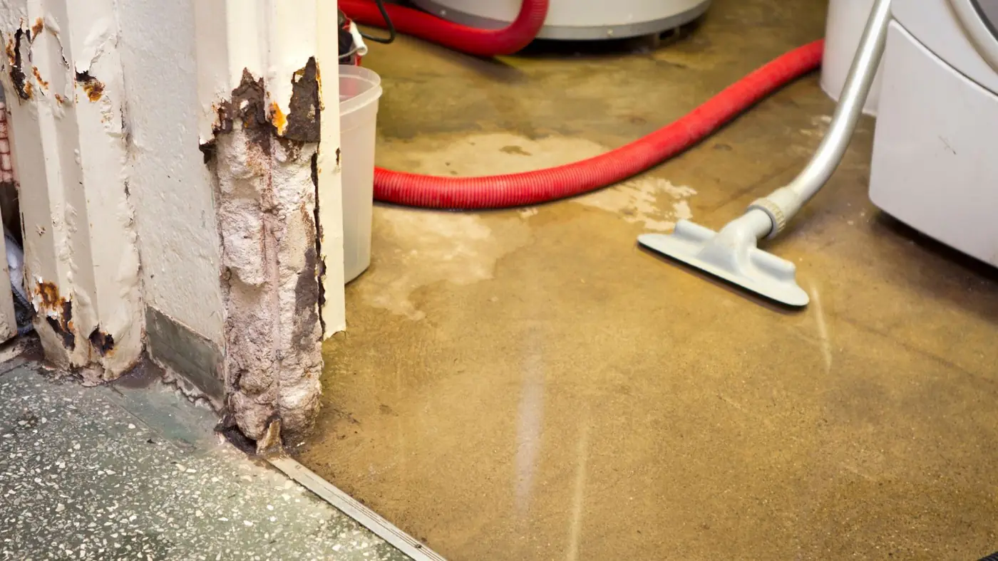 Wet vacuum with a red hose removing water from a floor beside a corroded wall post