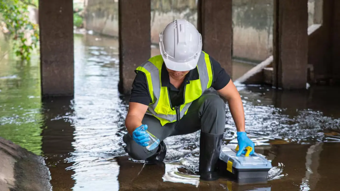 Worker in a hard hat and safety vest crouching in standing water with a handheld testing device