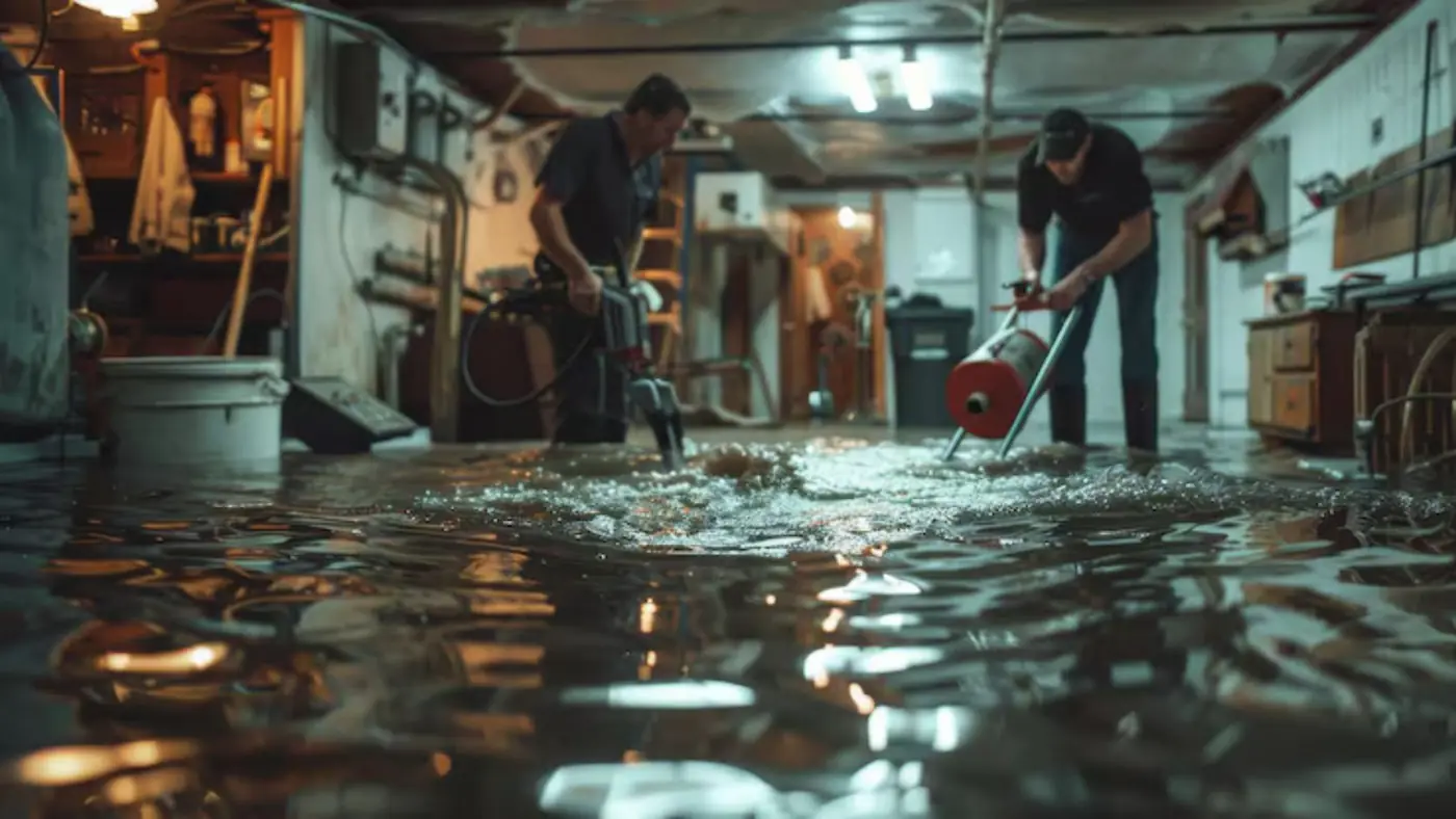 Two men using pumps and a hose to remove standing water in a dark flooded basement