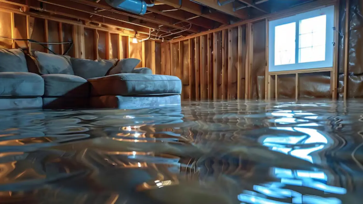 Flooded finished basement with exposed wall studs, a sofa and standing water across the floor