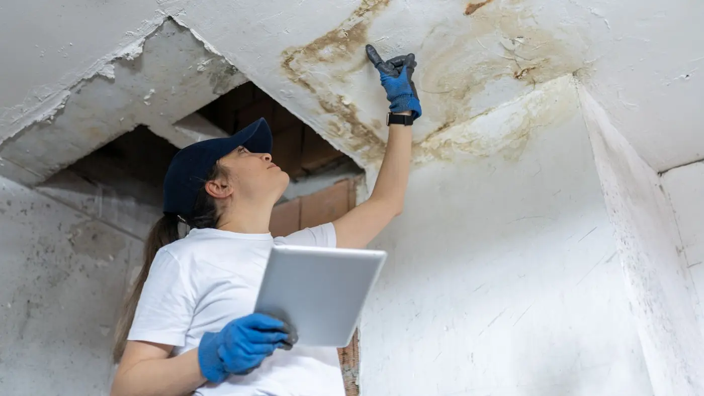 Technician holding a tablet and looking up at a water-stained ceiling opening during an inspection