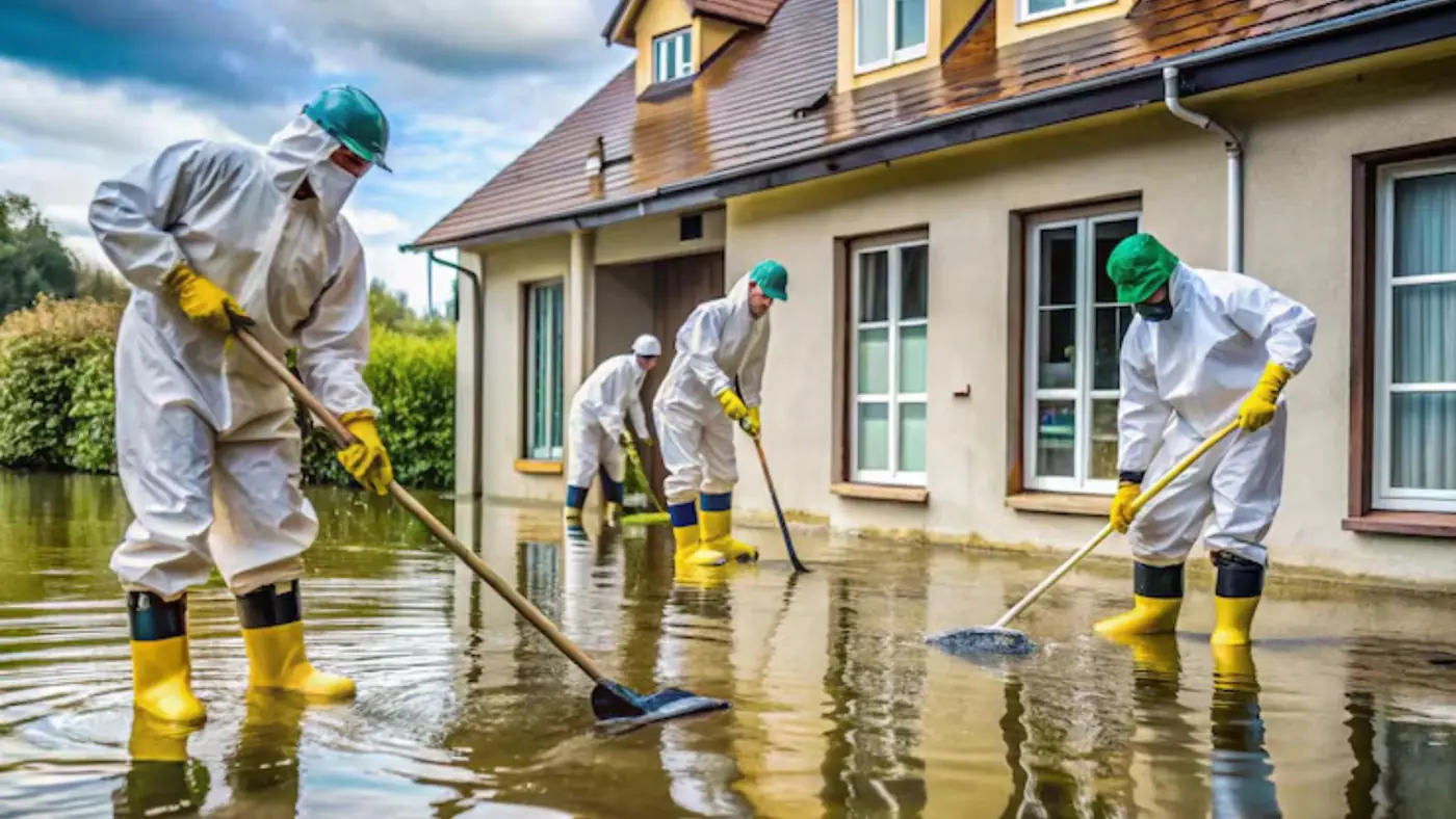 Crew in protective suits and yellow boots clearing floodwater with squeegees outside a house