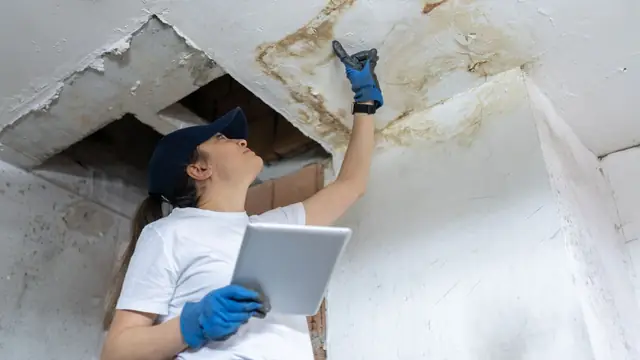 Technician holding a tablet and looking up at a water-stained ceiling opening during an inspection