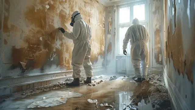 Two technicians in protective suits and respirators examining mold-stained walls in a damaged hallway