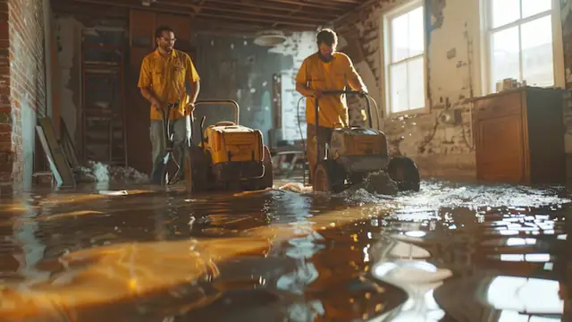 Two workers in yellow shirts running extraction machines through a flooded room with damaged walls